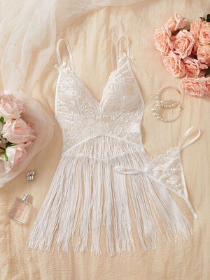 Lunelle white lace fringe nightgown set for women with soft lace trim and playful fringe details