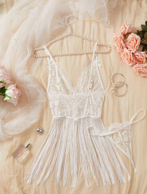 Lunelle white lace fringe nightgown set for women with soft lace trim and playful fringe details