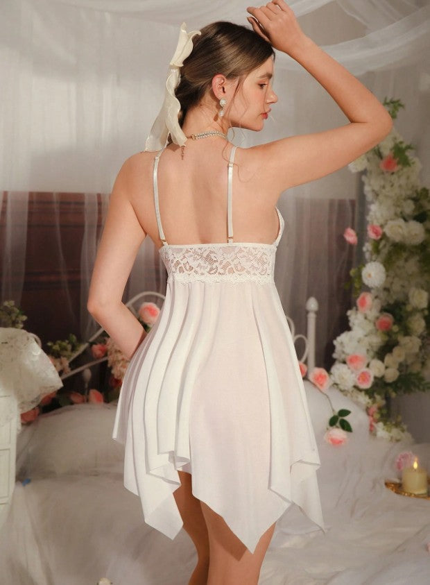 Lunelle bridal lace cami nightdress for women with sheer lace details and asymmetric hem