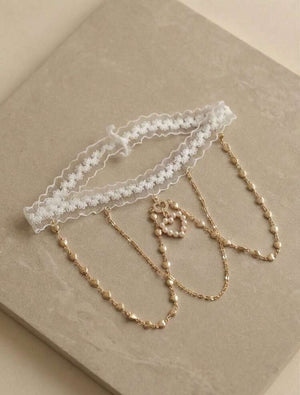 Lunelle white lace pearl heart thigh chain with gold chain and romantic pendant for women