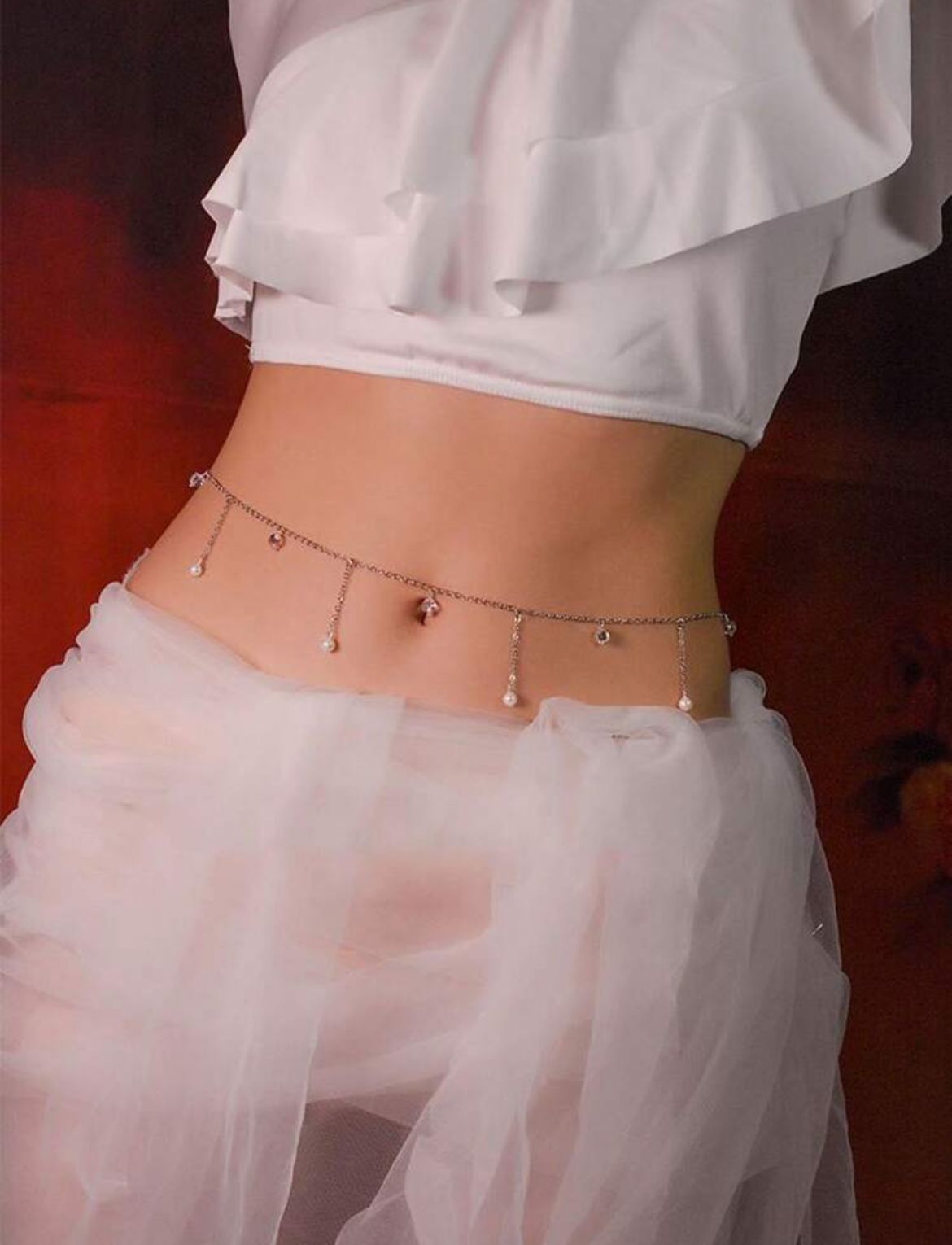 Lunelle pearl charm chain belt for women with faux pearl rhinestone details and feminine waist accessory style