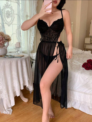 Lunelle lace mesh high slit nightdress for women with soft cami lingerie style and feminine lace details