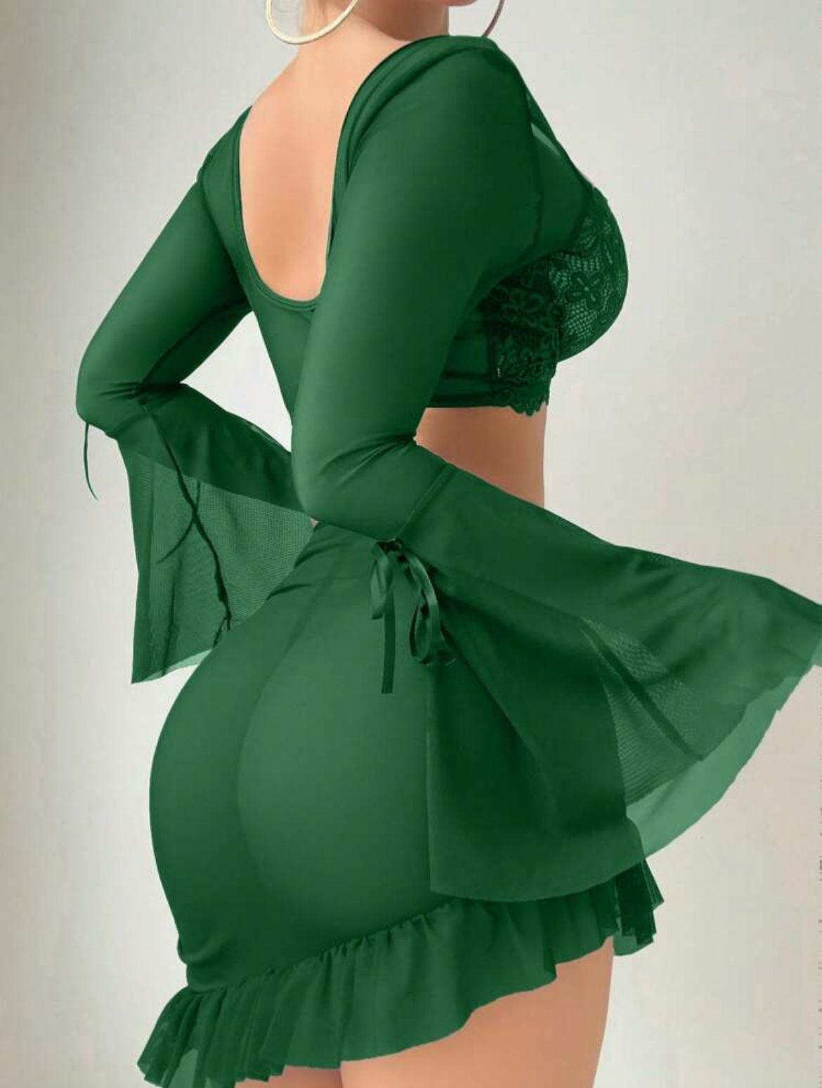 Lunelle hot lace mesh 3-piece skirt set for women with long sleeve crop top, G-string, and ruffle mini skirt