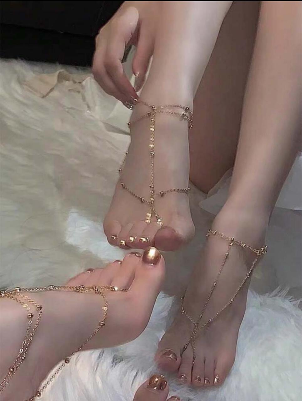Lunelle tassel foot chain with toe ring for women with multi-layer anklet design and feminine metal chain details