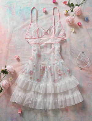 Lunelle Floral Lace-Up Sheer Nightgown