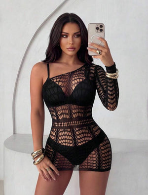 Lunelle black one-sleeve mesh cover up dress for women with hollow out design and fitted feminine style