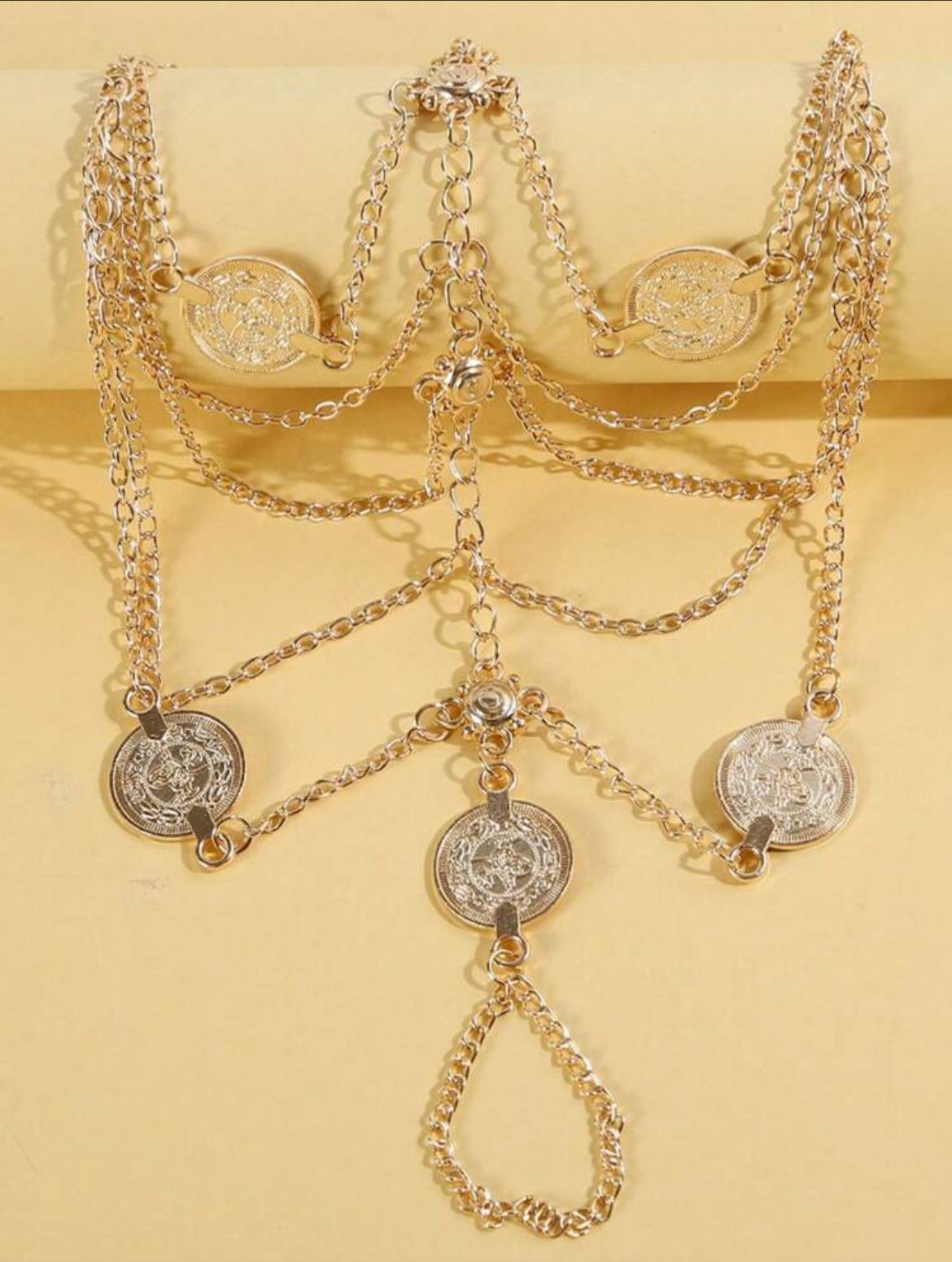Lunelle gold floral toe ring anklet for women with multi-layer chain tassel details and metallic foot jewelry design