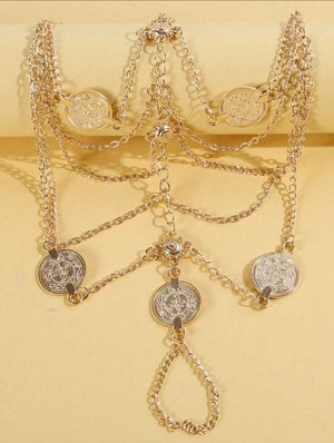 Lunelle gold floral toe ring anklet for women with multi-layer chain tassel details and metallic foot jewelry design