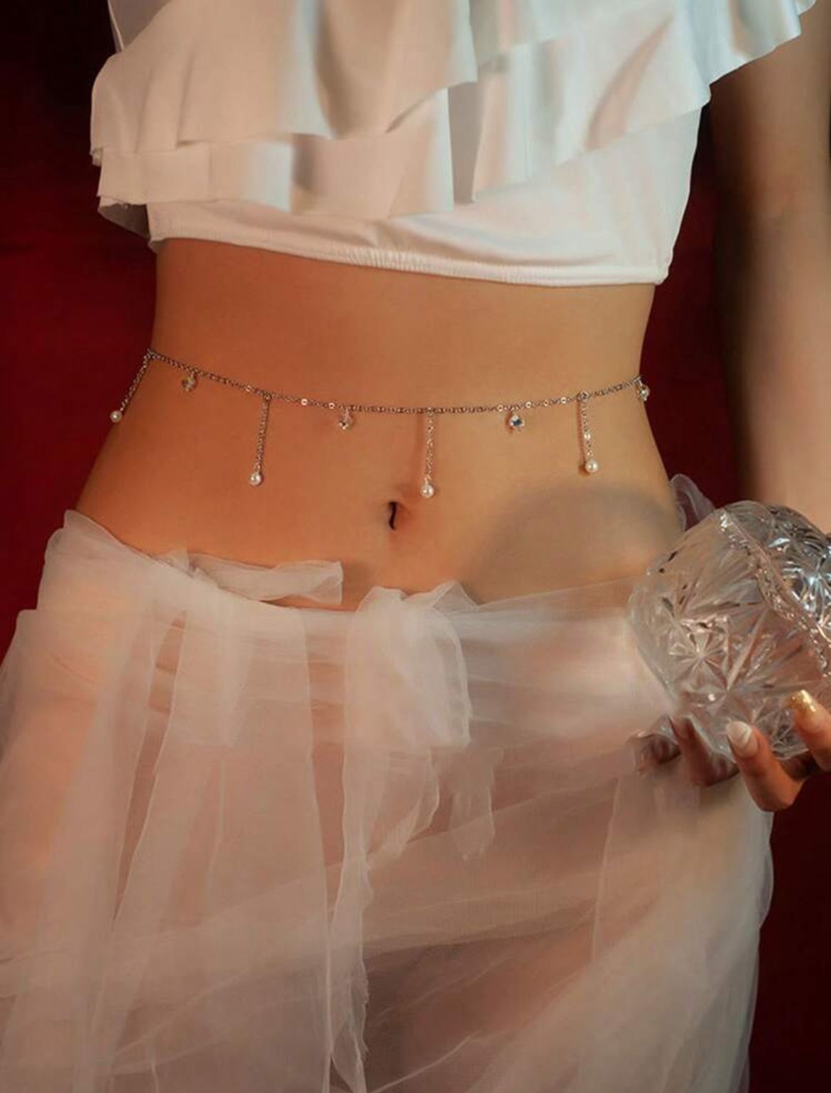 Lunelle pearl charm chain belt for women with faux pearl rhinestone details and feminine waist accessory style