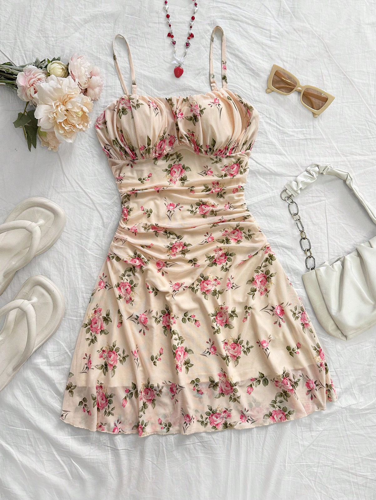 Lunelle pink ditsy floral mini dress for women with spaghetti straps and A-line summer style