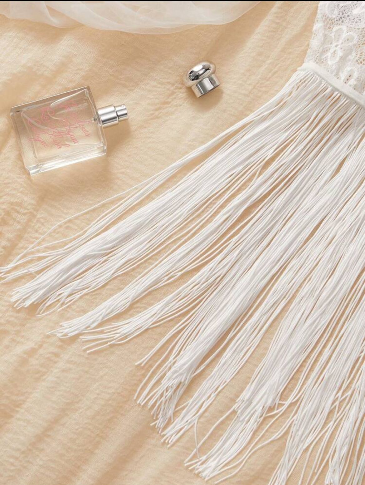 Lunelle white lace fringe nightgown set for women with soft lace trim and playful fringe details