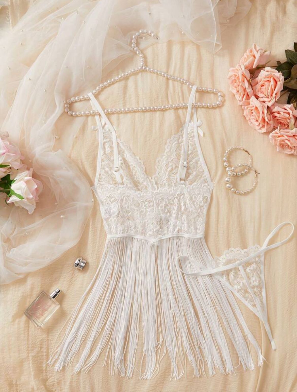 Lunelle white lace fringe nightgown set for women with soft lace trim and playful fringe details