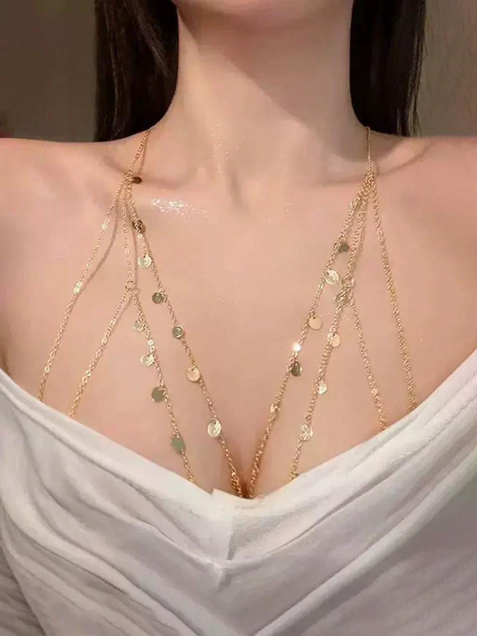 Lunelle sparkle chest body chain for women with shiny decorative pendant chain design