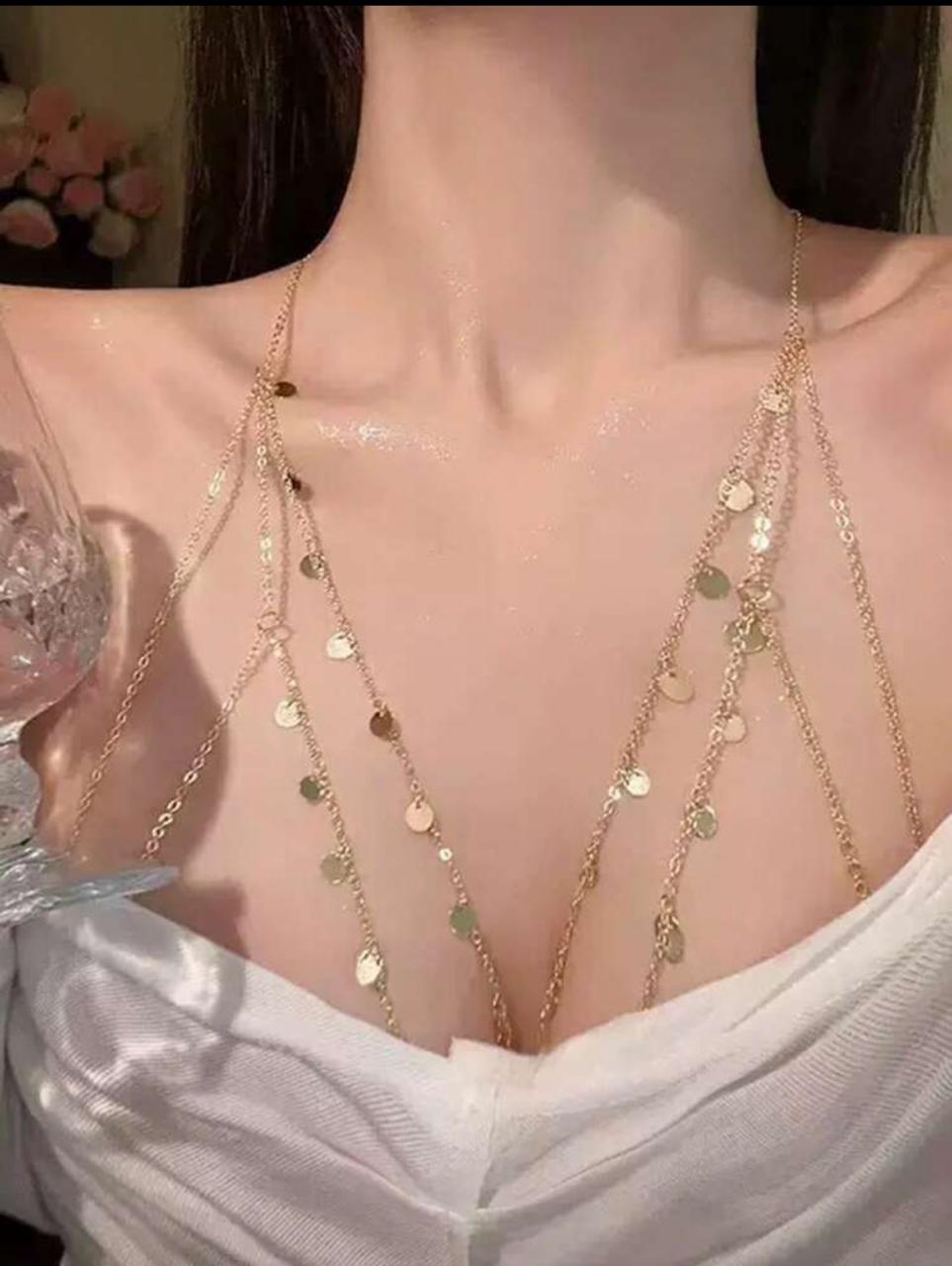 Lunelle sparkle chest body chain for women with shiny decorative pendant chain design
