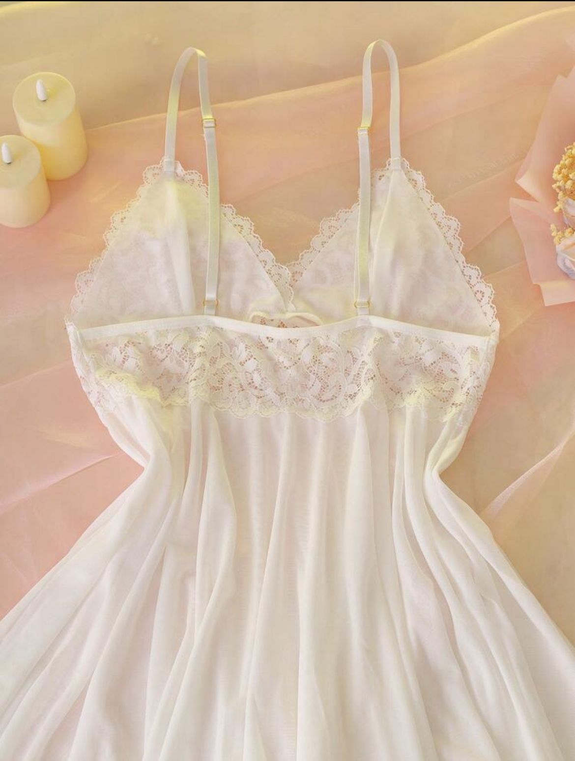 Lunelle bridal lace cami nightdress for women with sheer lace details and asymmetric hem