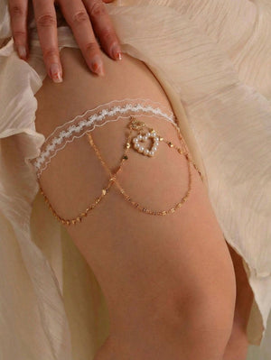 Lunelle white lace pearl heart thigh chain with gold chain and romantic pendant for women