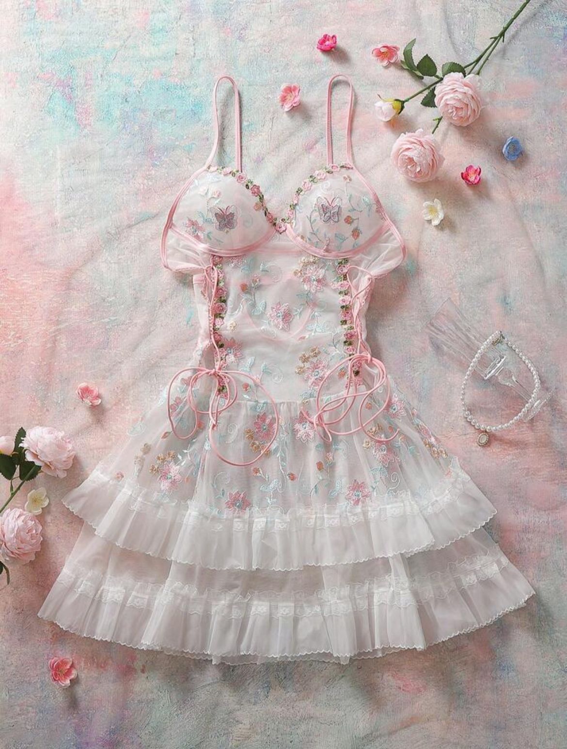 Lunelle Floral Lace-Up Sheer Nightgown