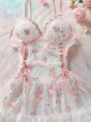 Lunelle Floral Lace-Up Sheer Nightgown