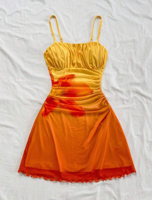 Lunelle tropical sunset mini dress for women in orange and yellow summer vacation style