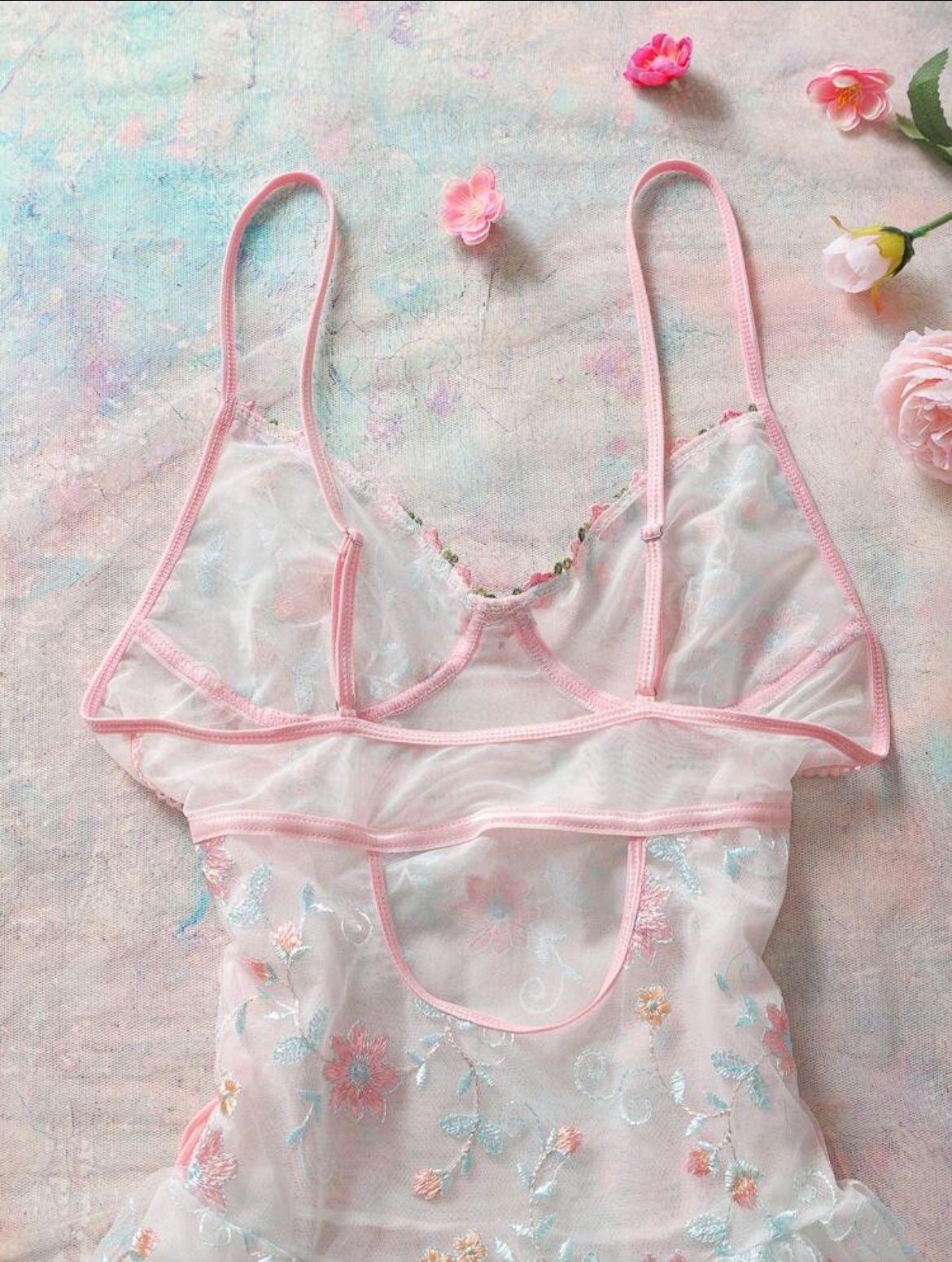 Lunelle Floral Lace-Up Sheer Nightgown