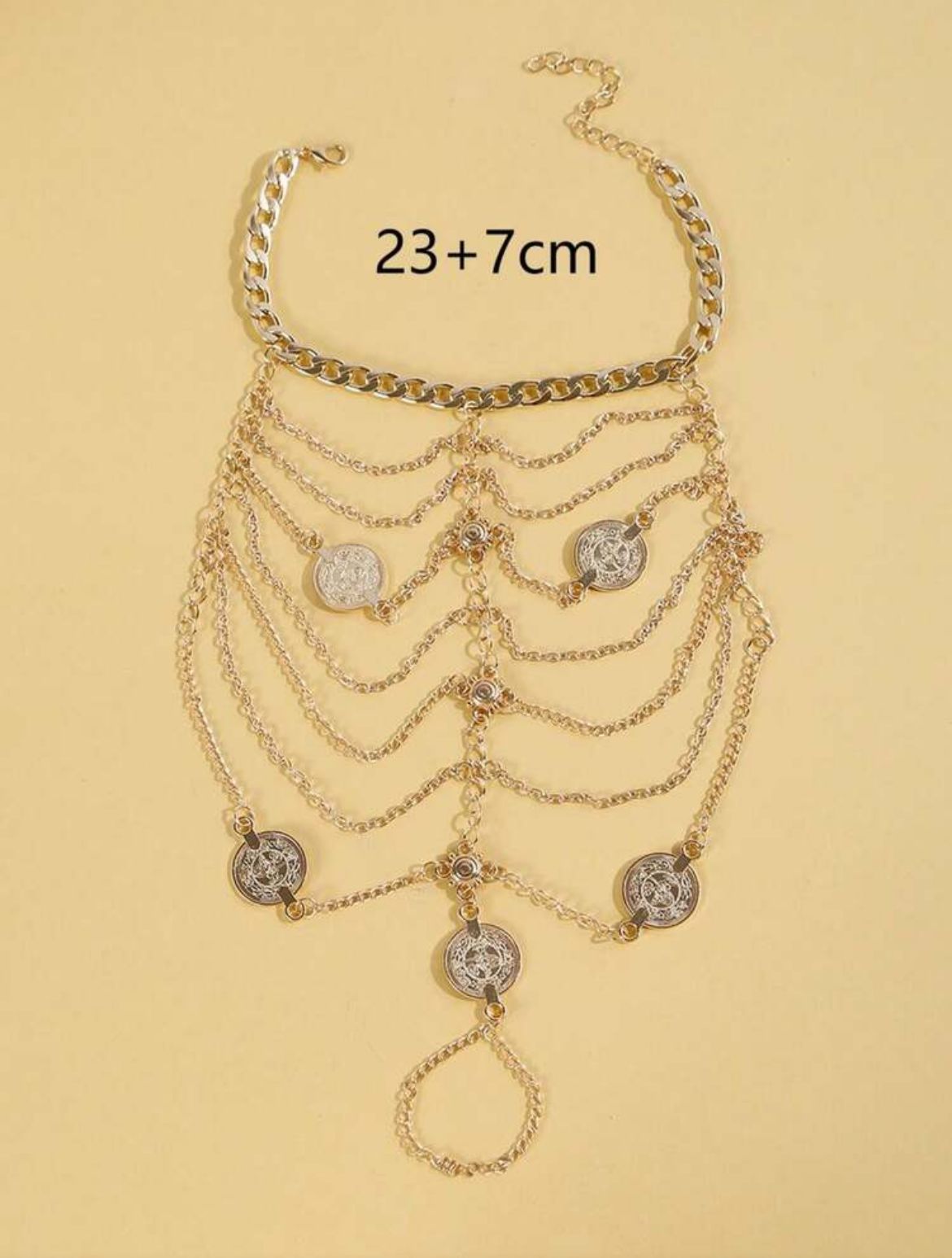Lunelle gold floral toe ring anklet for women with multi-layer chain tassel details and metallic foot jewelry design