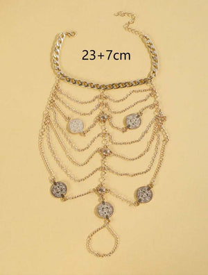 Lunelle gold floral toe ring anklet for women with multi-layer chain tassel details and metallic foot jewelry design