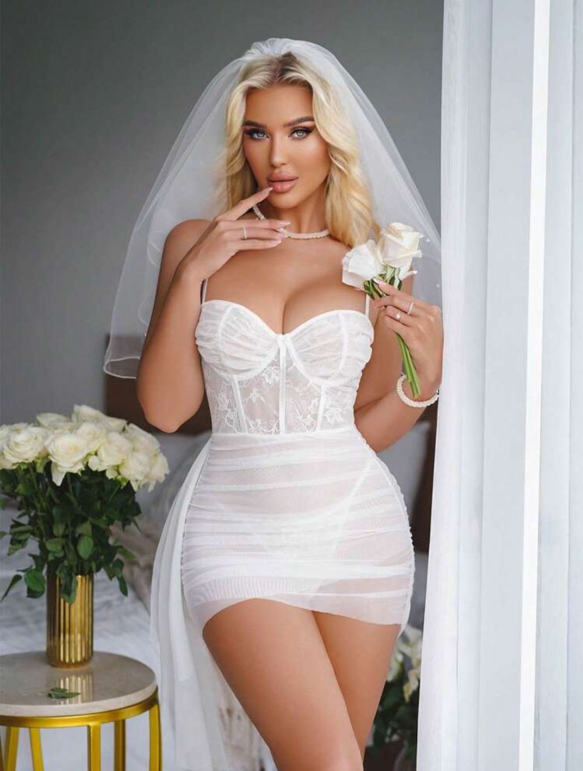 Lunelle Crystal Vow bridal babydoll lingerie set for women with soft lace details and romantic nightgown style