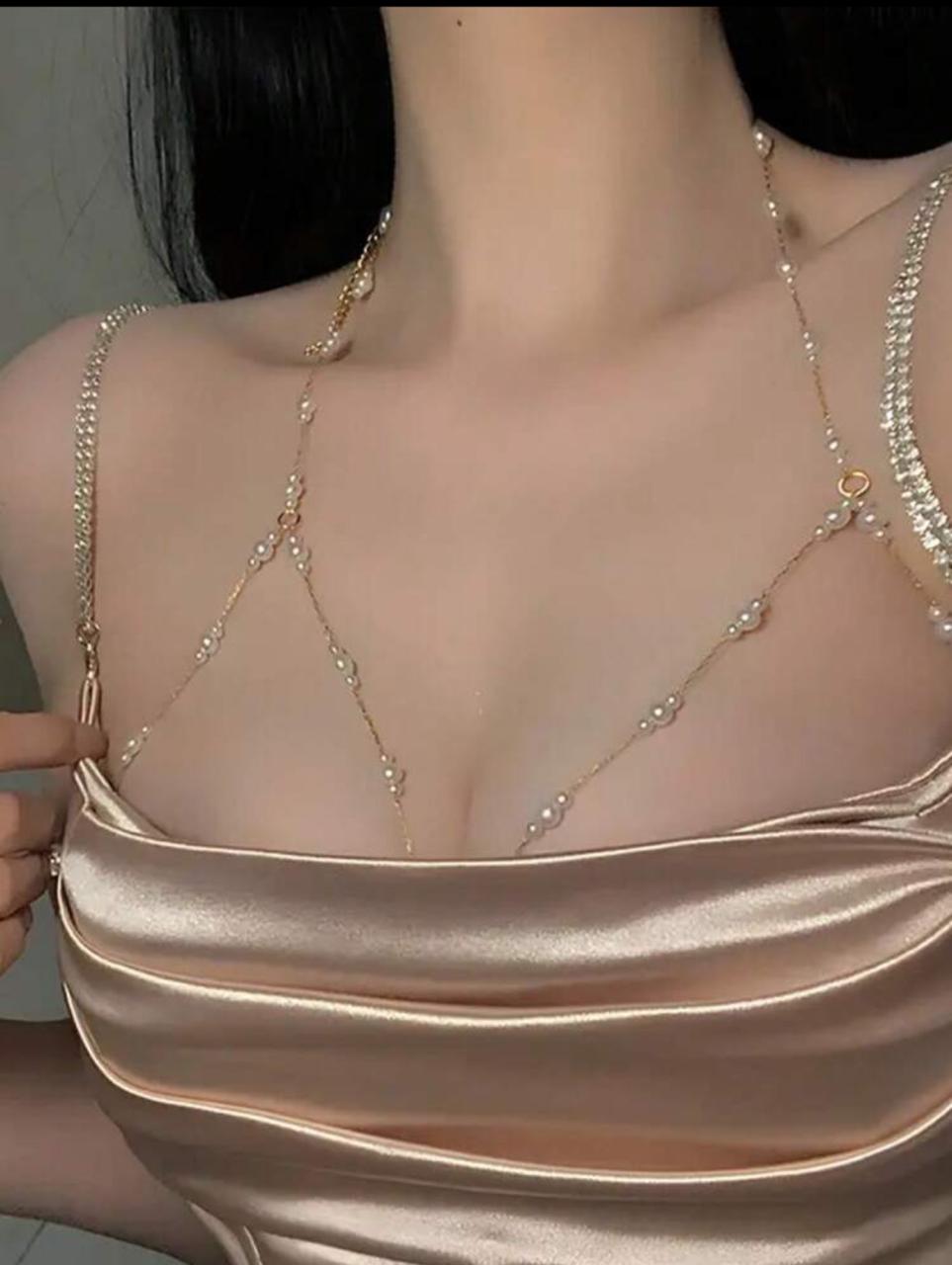 Lunelle faux pearl chest chain for women with elegant body jewelry design for lingerie and party styling