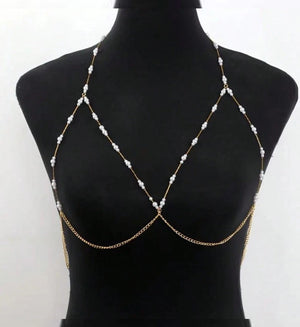Lunelle faux pearl chest chain for women with elegant body jewelry design for lingerie and party styling