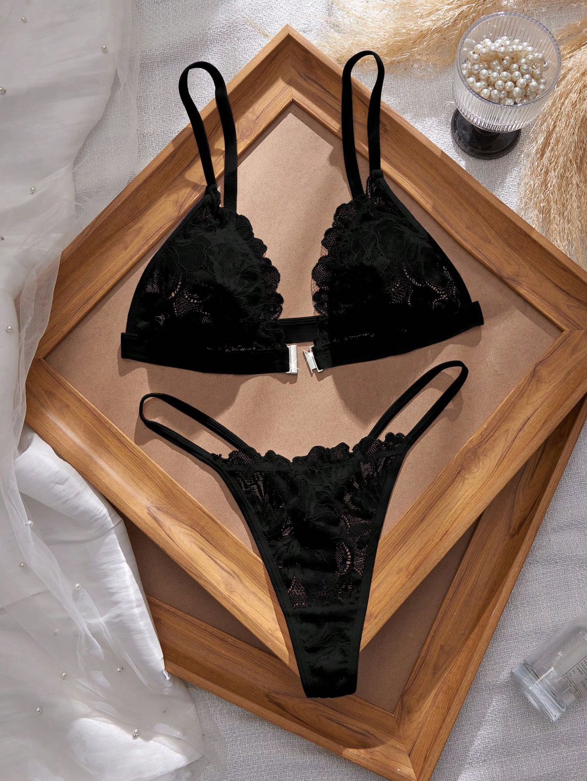 Lunelle hot lace front closure lingerie set for women with patchwork lace details and matching panty