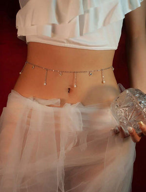 Lunelle pearl charm chain belt for women with faux pearl rhinestone details and feminine waist accessory style