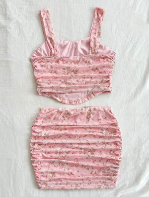 Lunelle pink floral bodycon top and skirt set for women with feminine vacation style