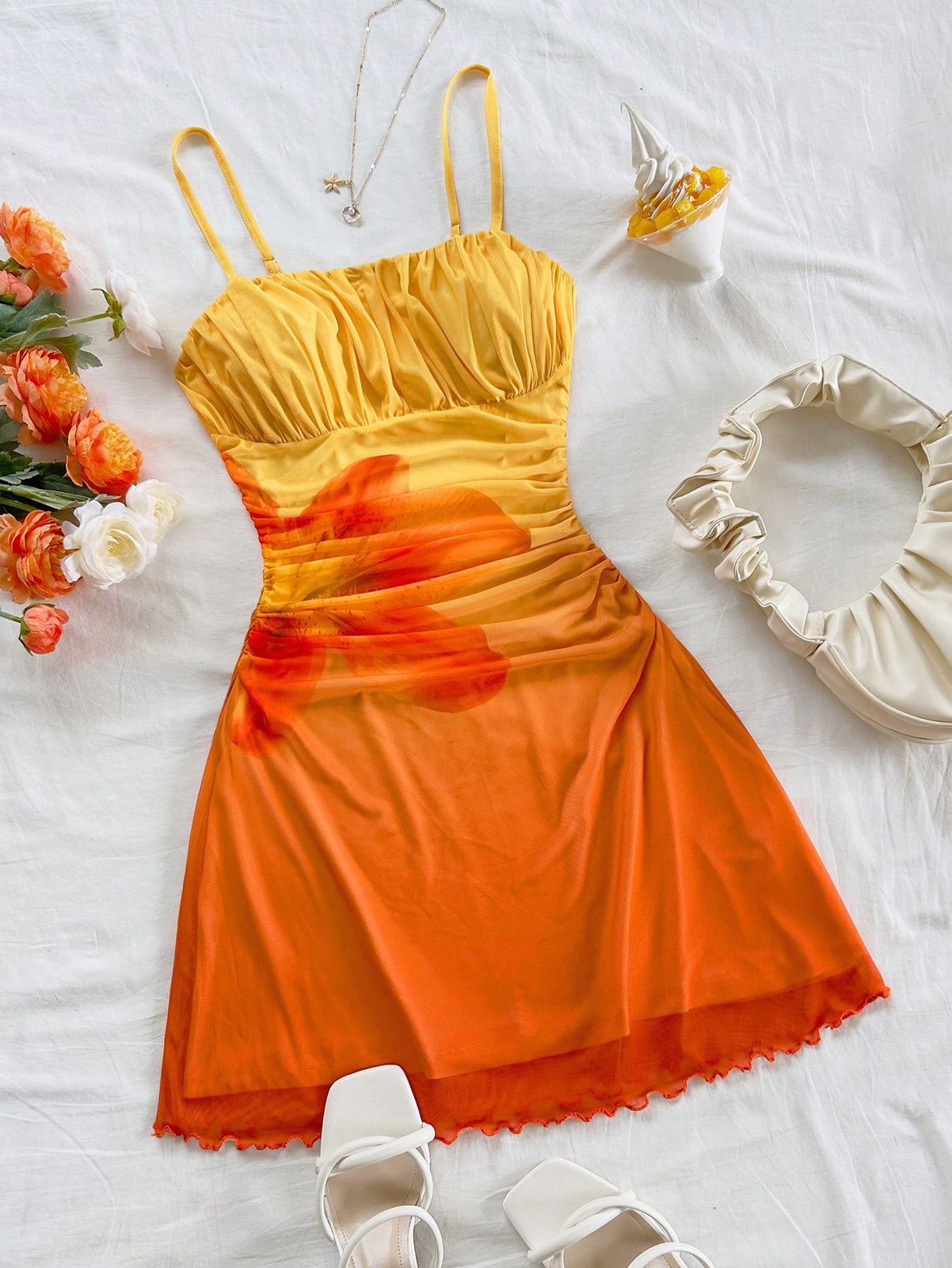 Lunelle tropical sunset mini dress for women in orange and yellow summer vacation style